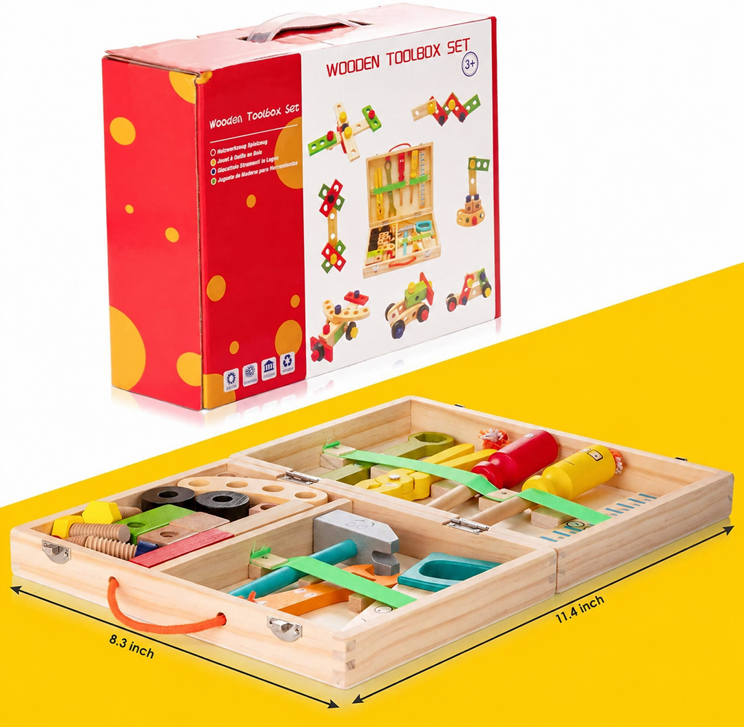Wooden tool set with its retail box and a measurement diagram of the open storage case
