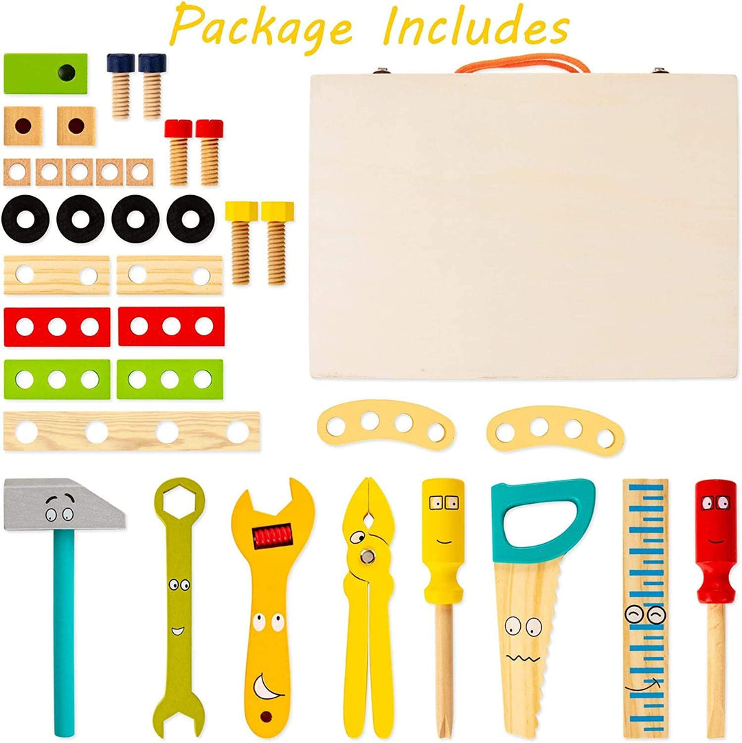 Wooden tool case with tools, connecting plates, blocks, screws, nuts, and wheels arranged beside it