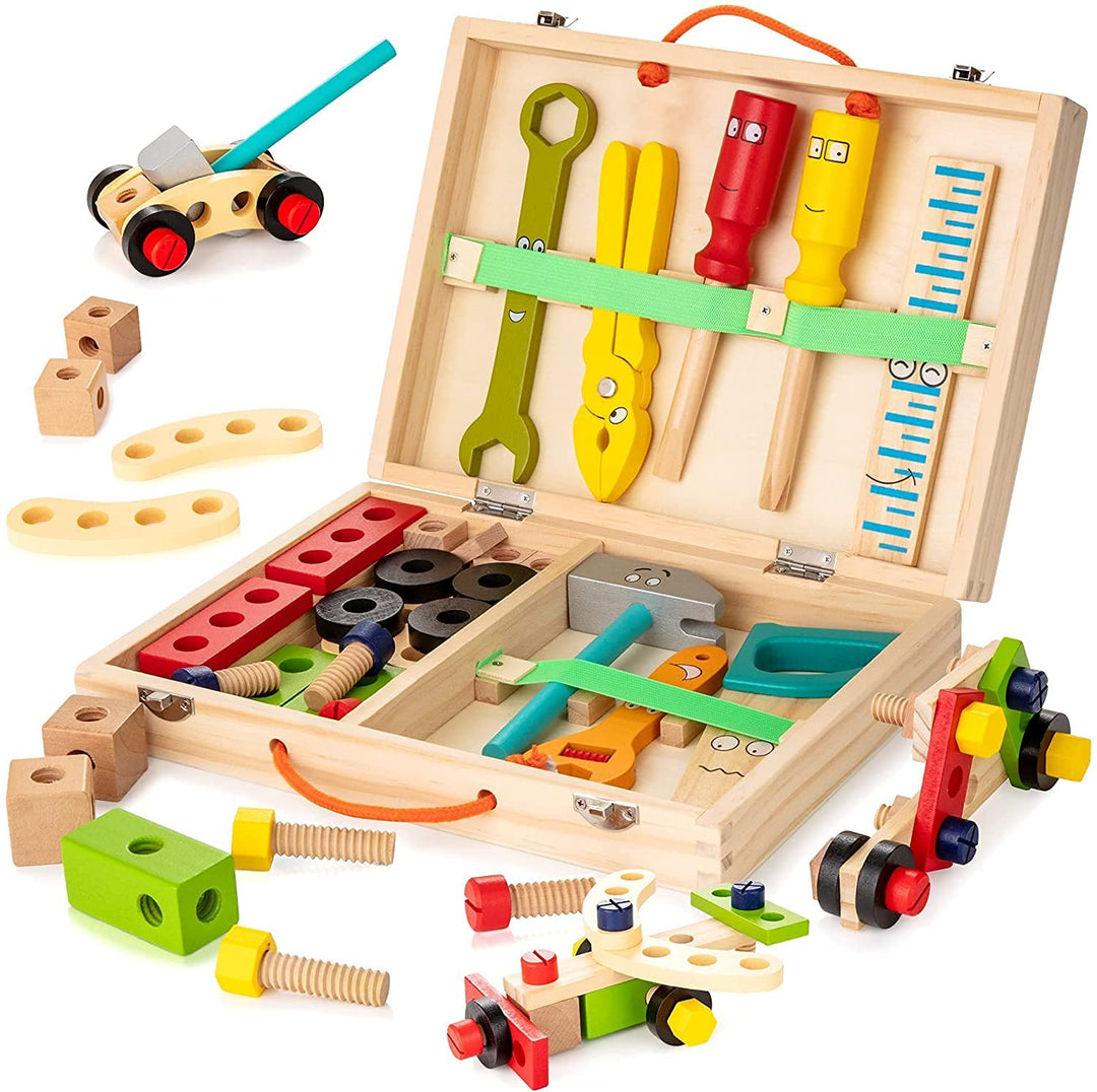 Open wooden toolbox with colorful tools, building parts, and assembled vehicle models