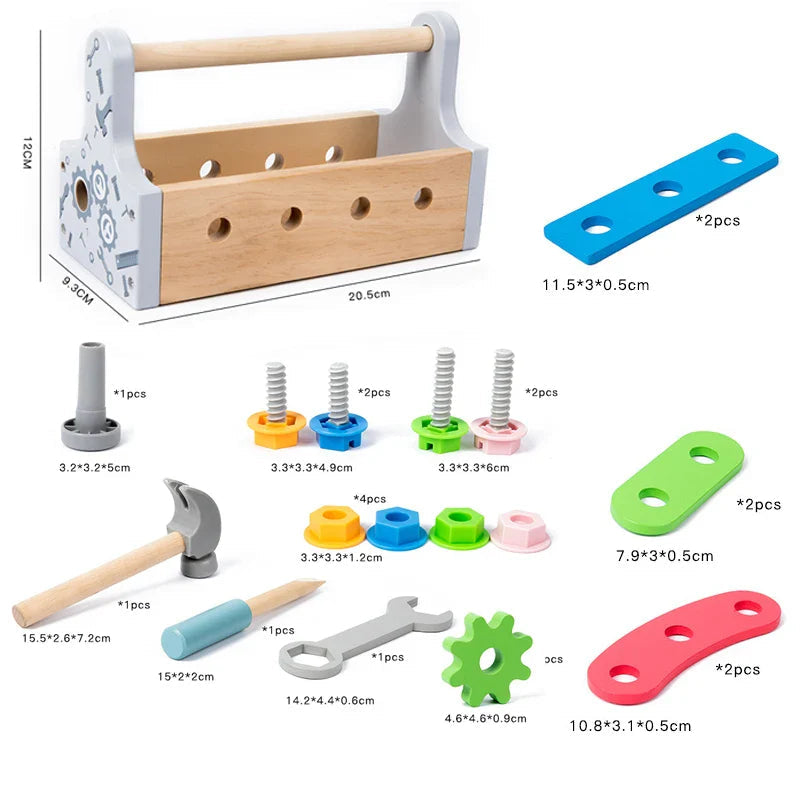 Toolbox measurement and contents chart showing the tools, gears, fasteners, and assembly pieces.
