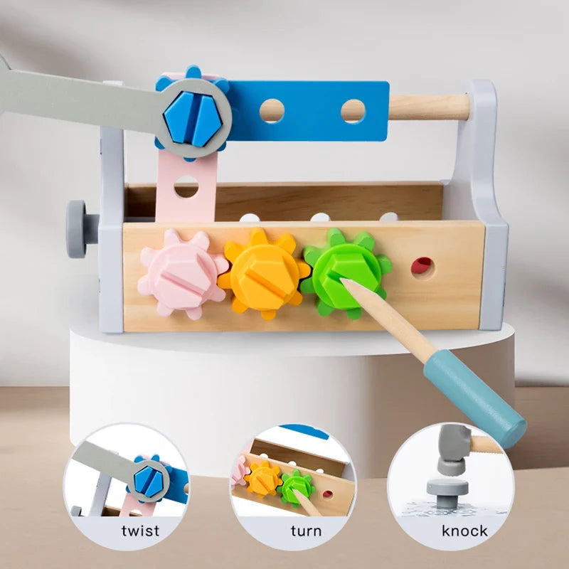 Close-up of gears and fasteners on the toolbox, with examples of twisting, turning, and tapping.