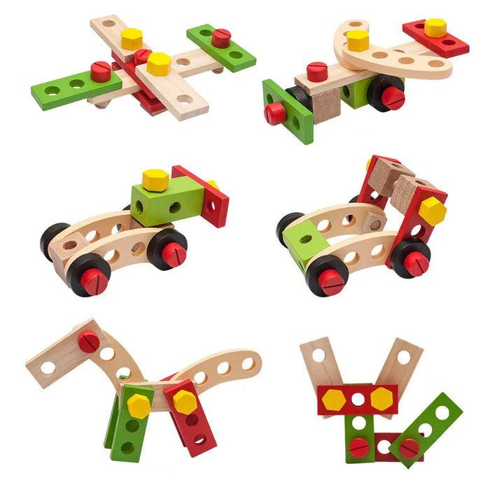 Six example builds made with wooden bars, colorful nuts and bolts, and wheels