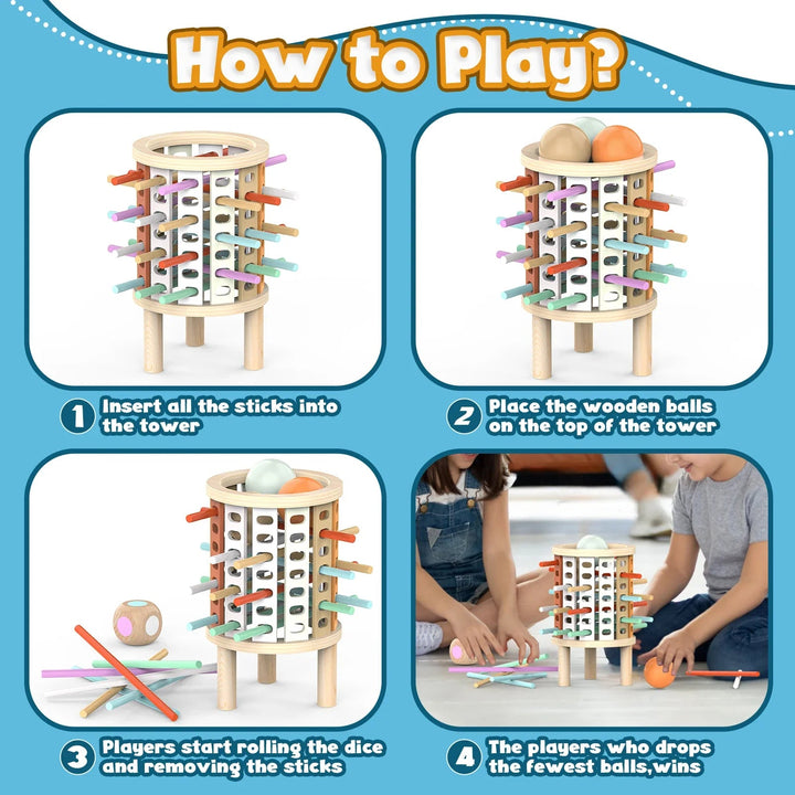 Four-step guide to setting up the wooden tower game and taking turns removing sticks