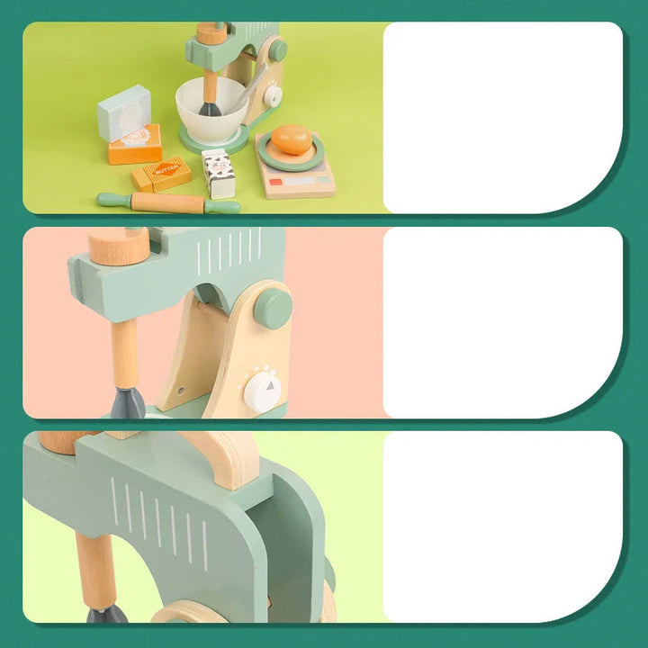 Detail collage showing the wooden mixer set, top knob, side dial, and handle