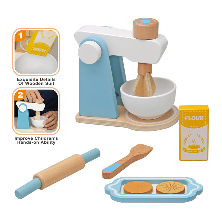 Wooden toy mixer and baking accessories with close-ups of the flour carton and mixer in use