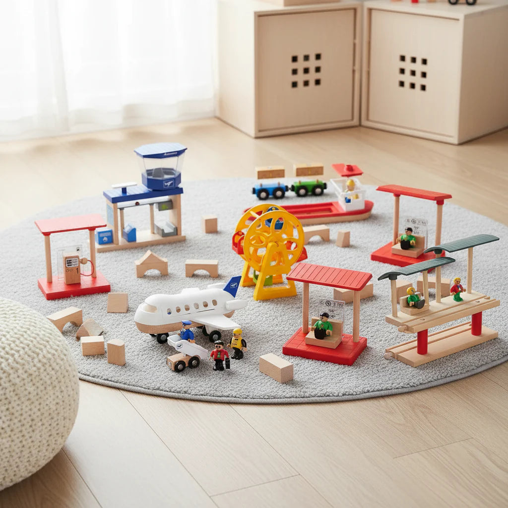 Wooden transportation play scenes with an airport tower, Ferris wheel, airplane, ship, and station buildings
