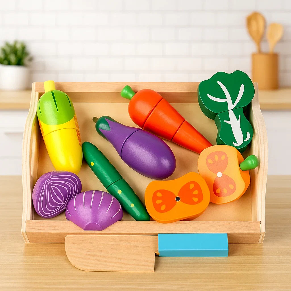 Wooden vegetable play food with corn, eggplant, carrot, and onion halves in a tray