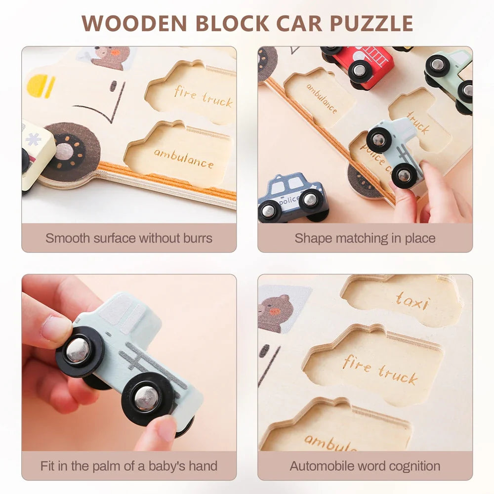 Cars puzzle details showing shaped cutouts, a handheld vehicle piece, and printed vehicle names