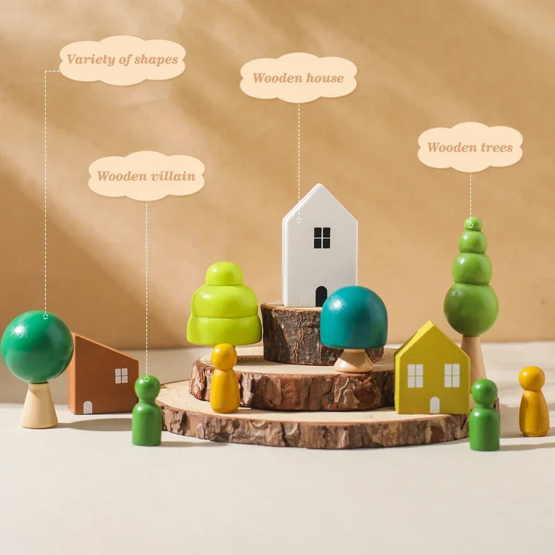 Wooden houses, trees, and figures displayed on stacked wood slices