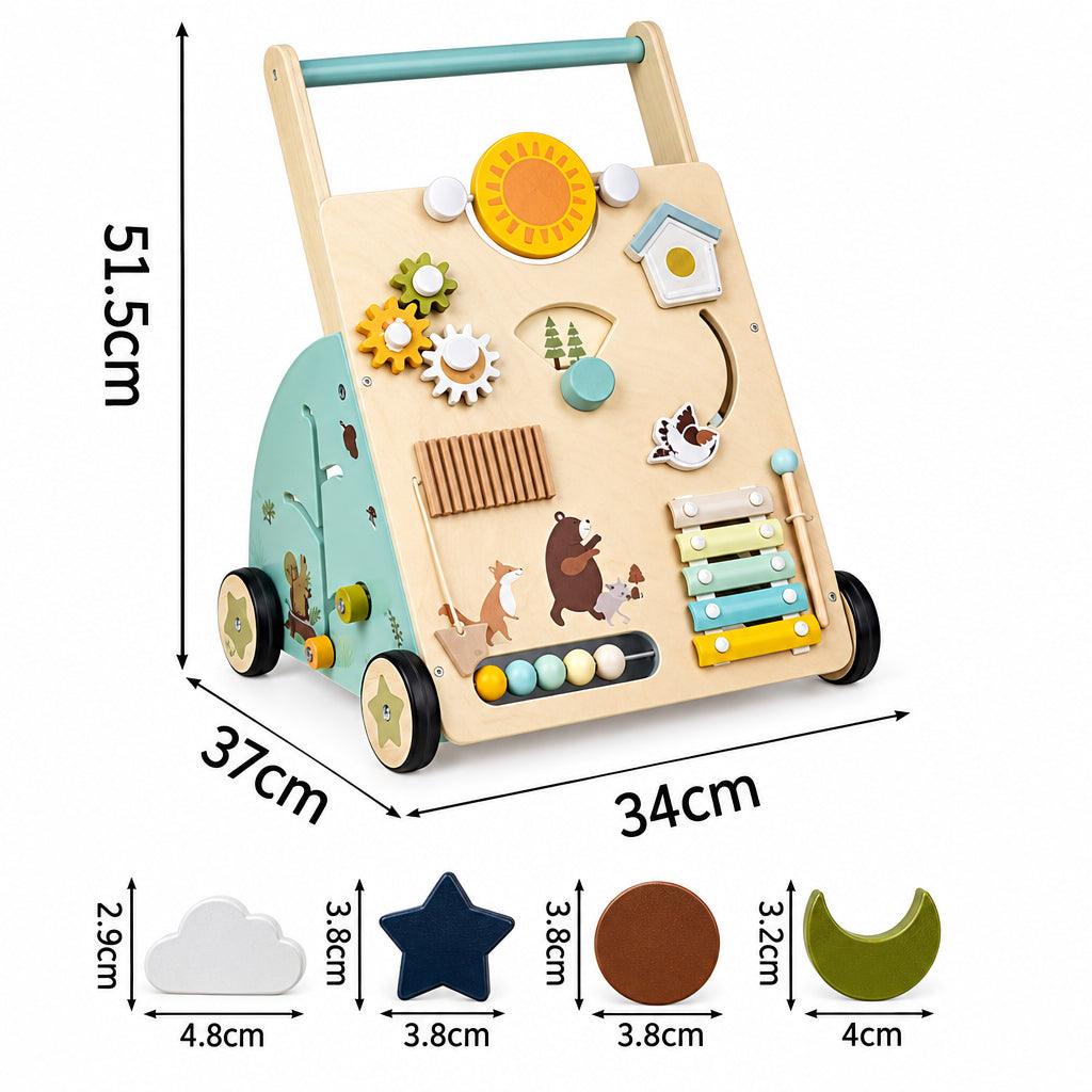 Measurement diagram showing the 51.5 cm tall wooden walker and four sorting shapes.