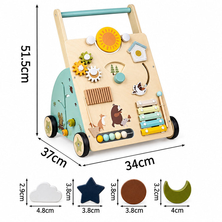 Measurement diagram showing the 51.5 cm tall wooden walker and four sorting shapes.