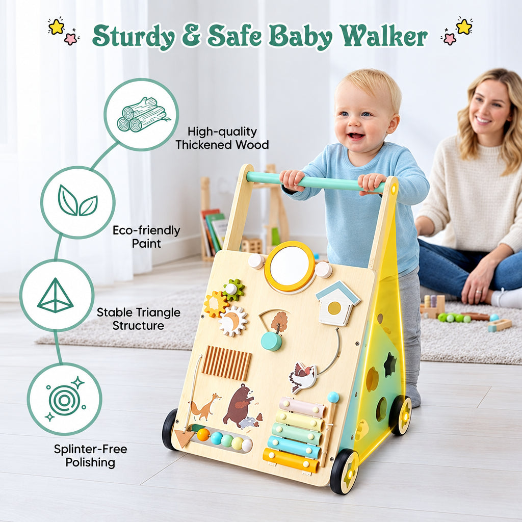 Child holding the wooden activity walker with an adult sitting nearby.