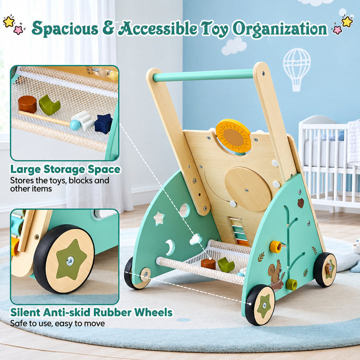 Rear storage area and star-decorated wheels on the wooden activity walker.