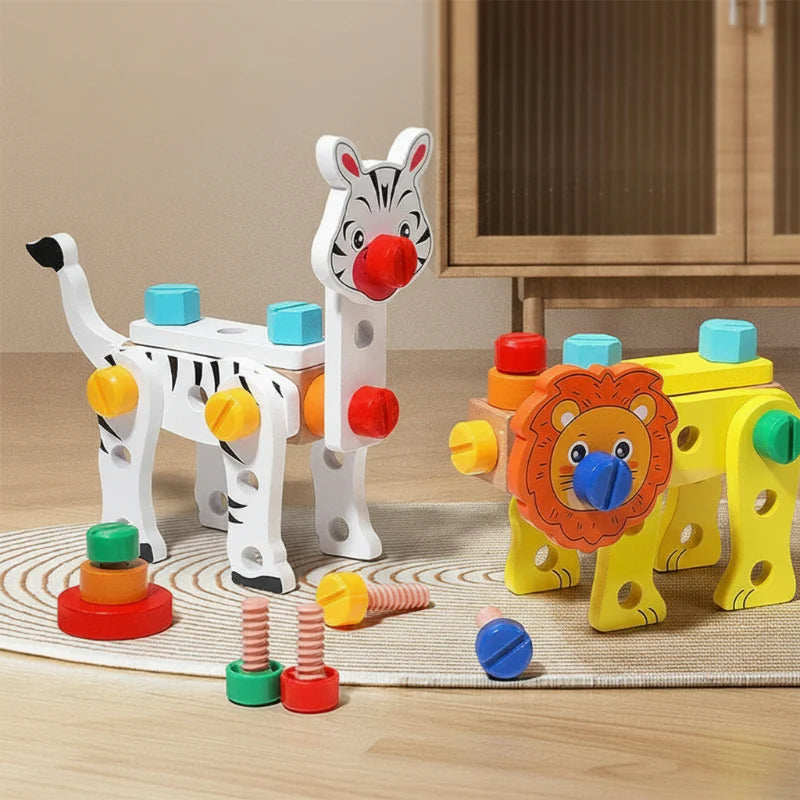 Wooden zebra and lion models assembled with colorful nuts and bolts