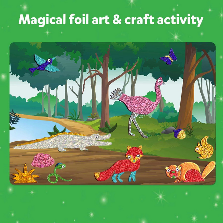 Woodland picture decorated with shiny foil animals, birds, and butterflies