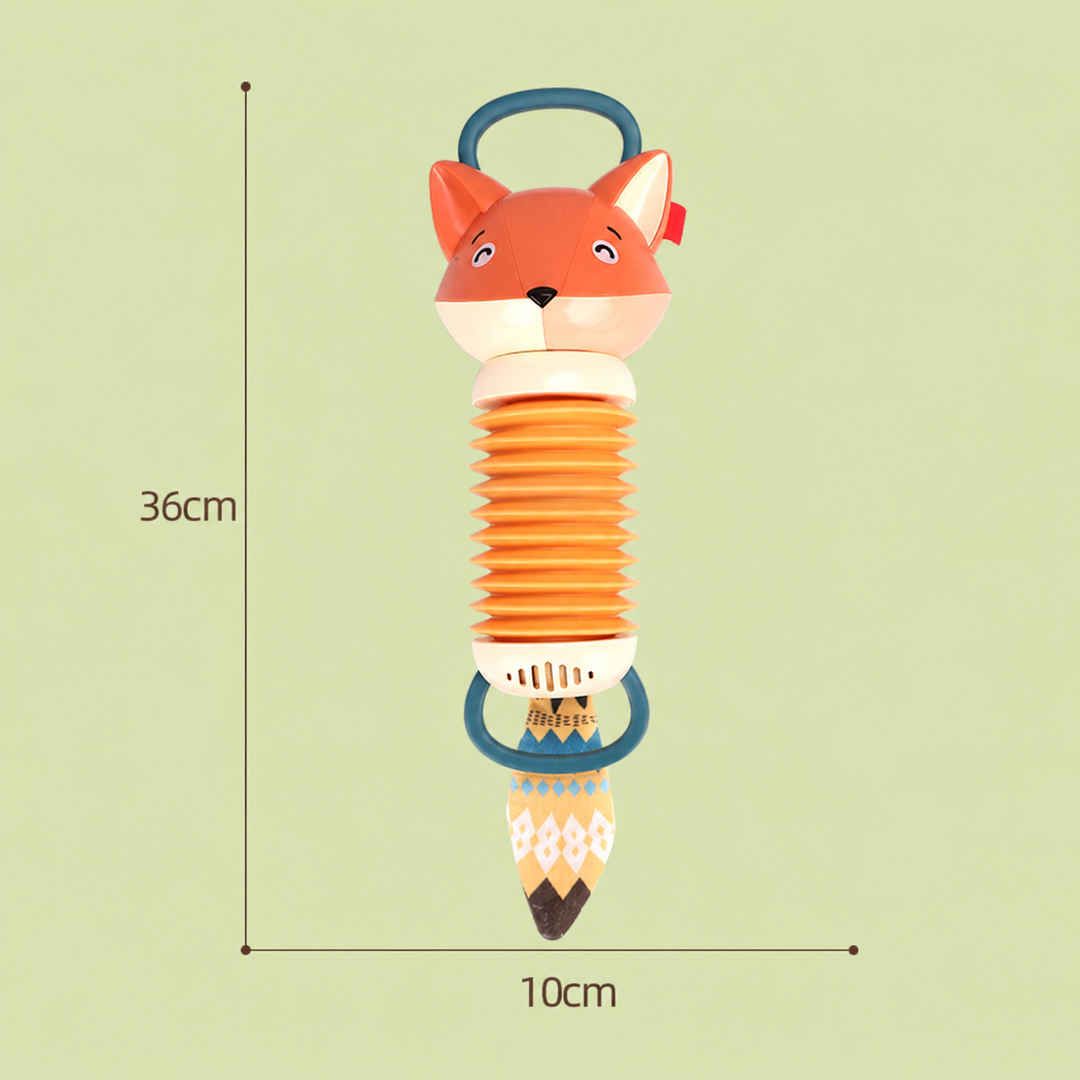 Fox-shaped accordion toy shown with 36 cm height and 10 cm width markings