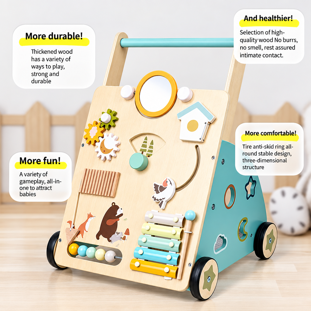Wooden activity walker with teal side panels, musical toys and animal illustrations.
