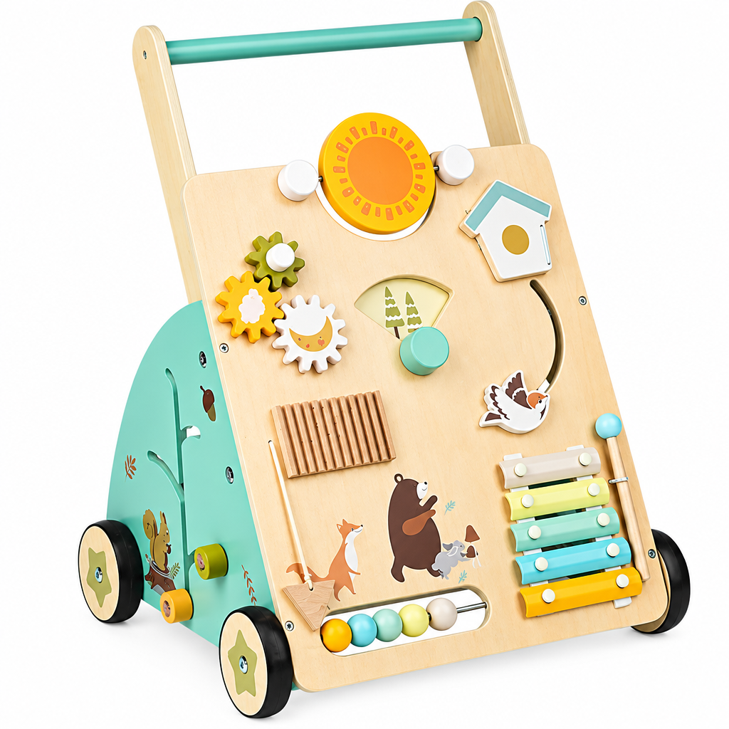 Wooden baby walker with a teal handle, colorful activity panel and woodland animal details.