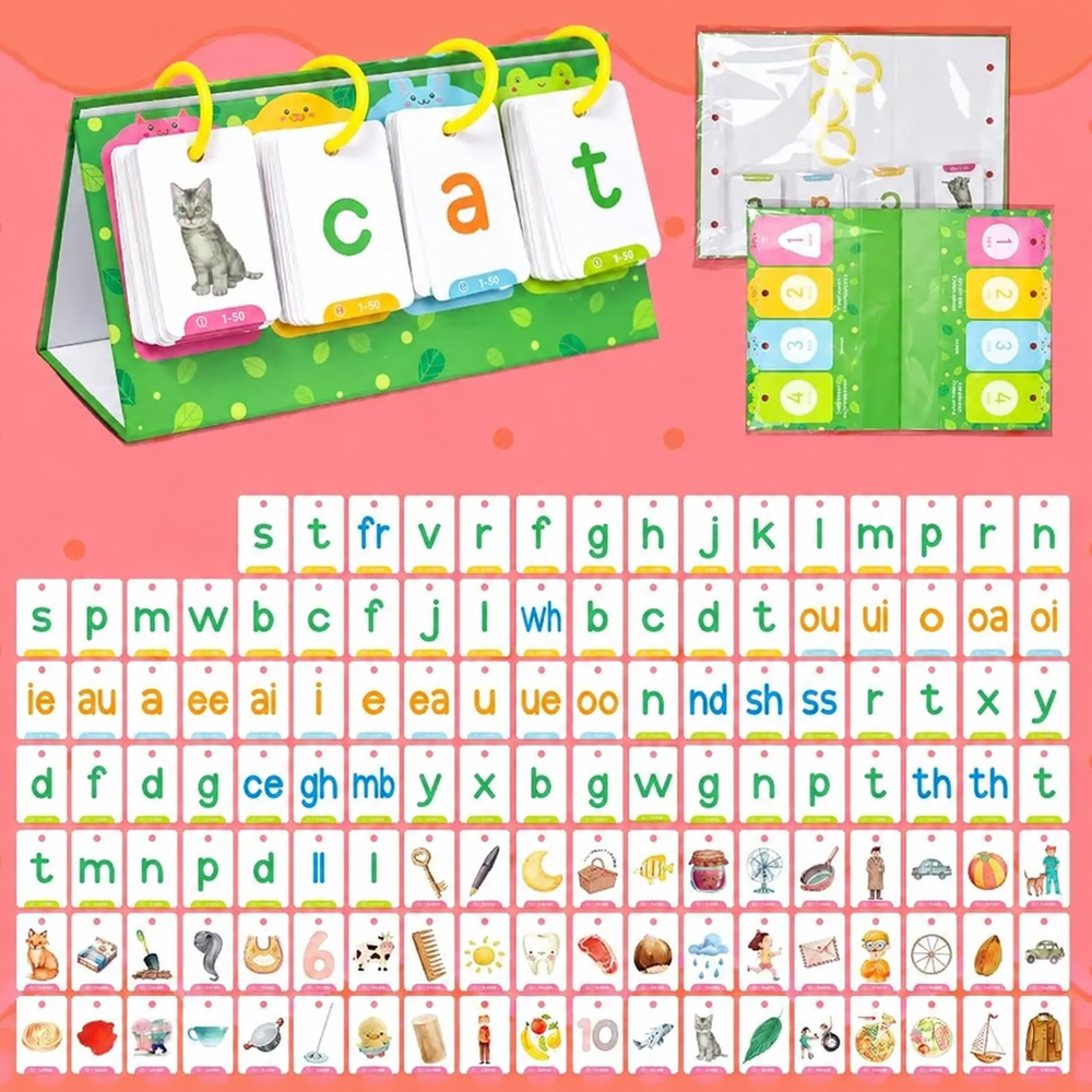 Word-building flashcard set with letter cards, picture cards, and a green tabletop stand.