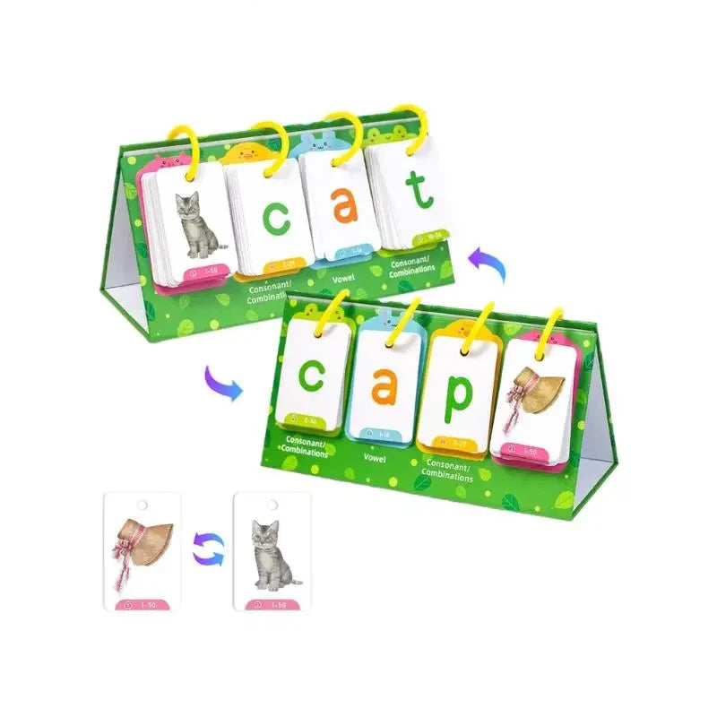 Ring-bound flashcard stand showing cat and cap with matching picture cards.