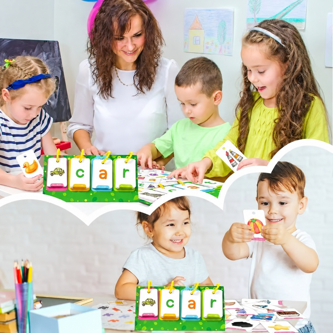 Children and an adult using picture and letter flashcards to build words at a table.