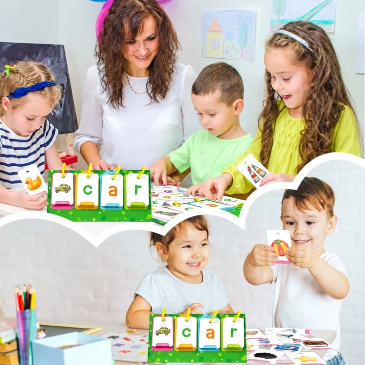 Children and an adult using picture and letter flashcards to build words at a table.