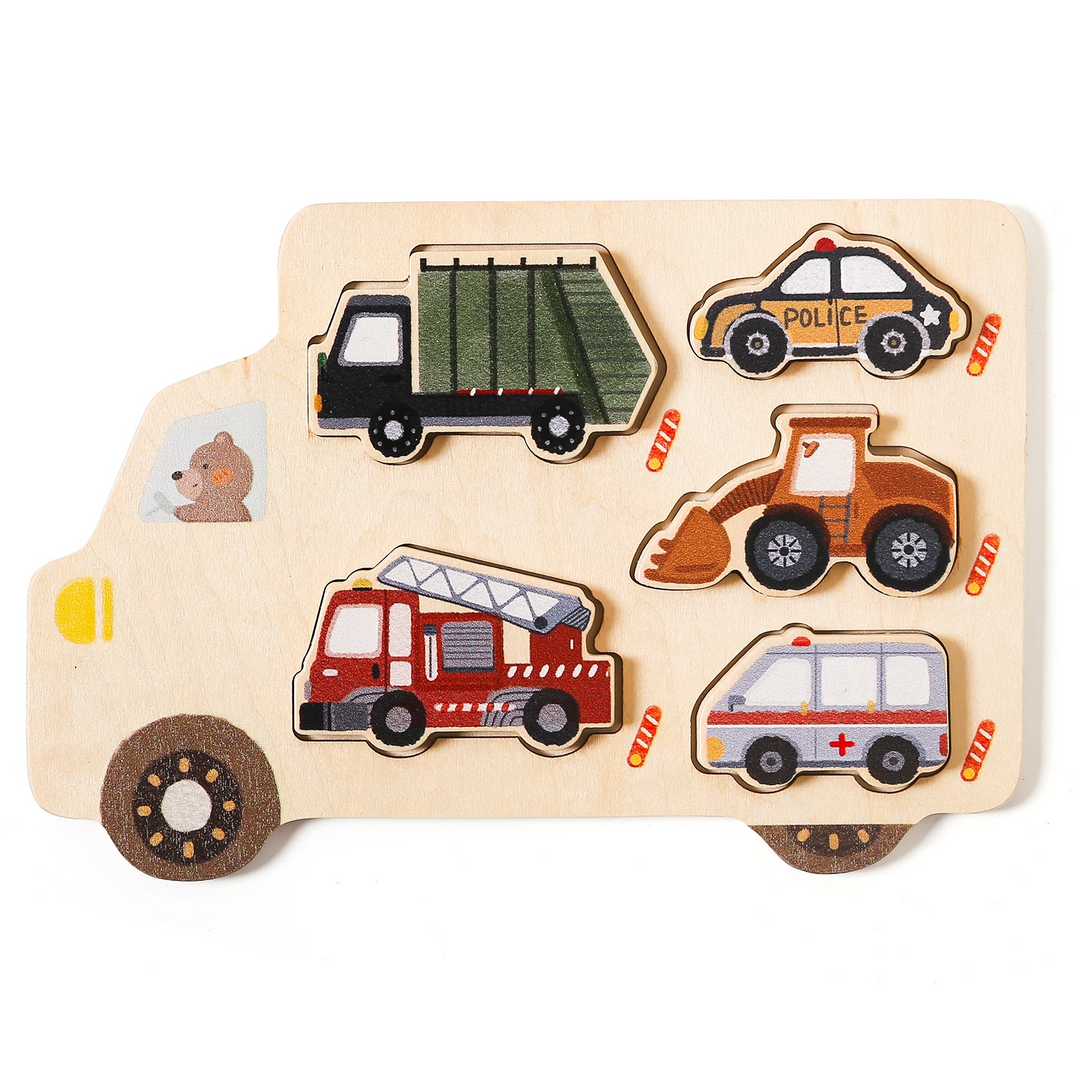 Work Vehicles wooden puzzle with garbage truck, police car, loader, fire truck, and ambulance pieces
