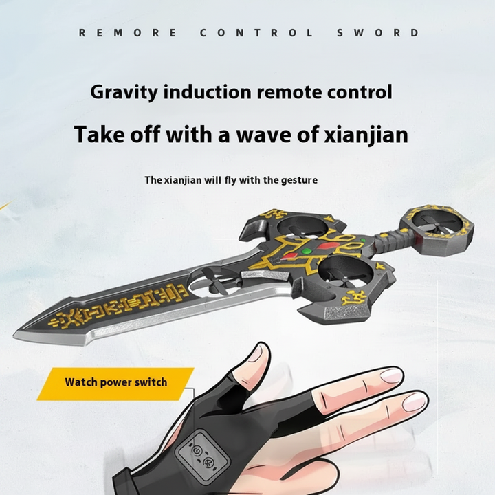 Wrist-mounted gesture controller shown guiding a silver-and-gold flying sword