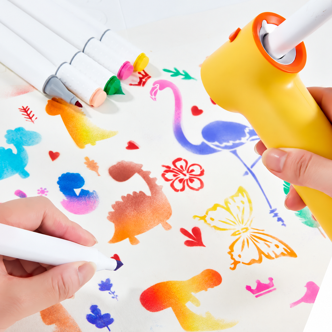 Yellow airbrush tool adding color to a page of animal and shape stencil designs