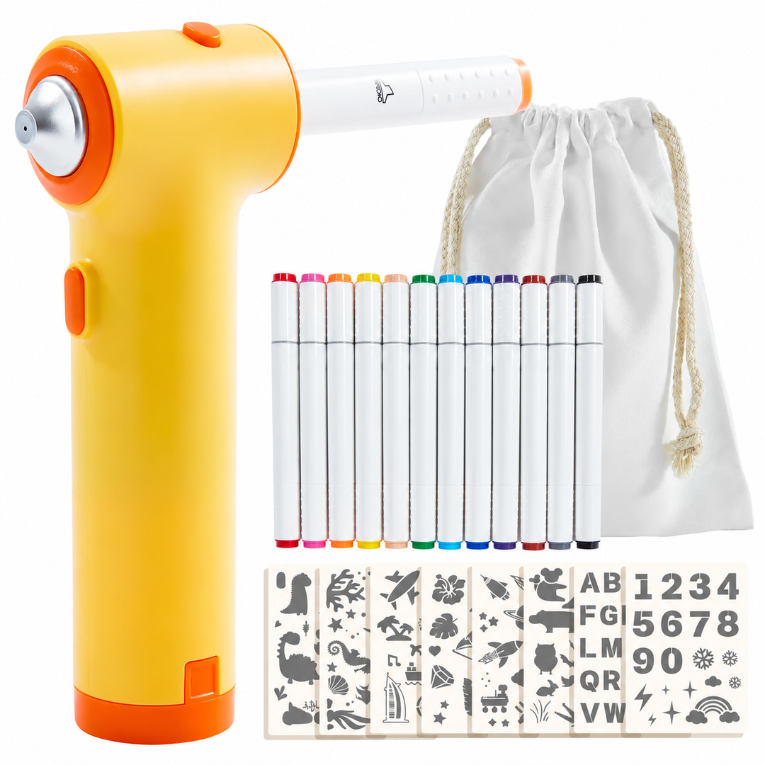 Yellow airbrush drawing set with markers, animal and letter stencils, and a drawstring bag