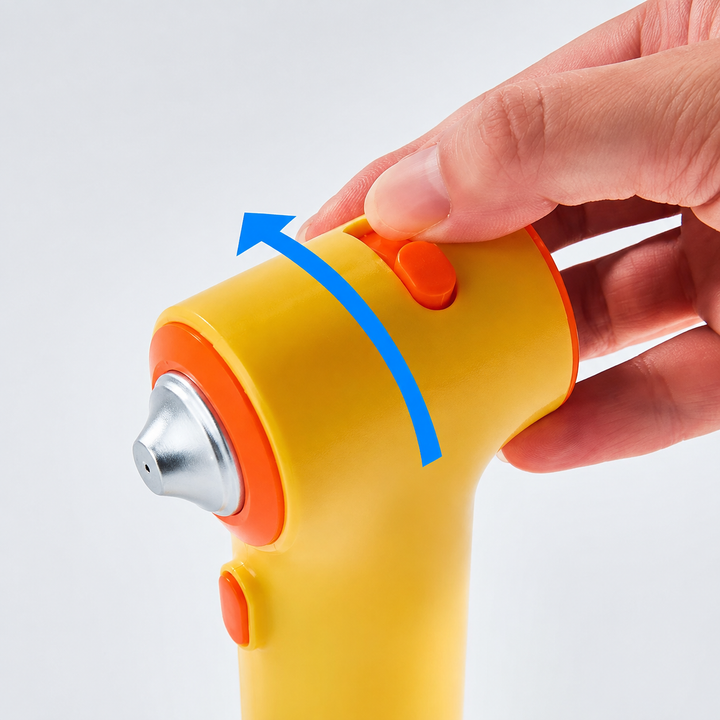 Hand holding the yellow airbrush tool beside its top button and a curved directional arrow