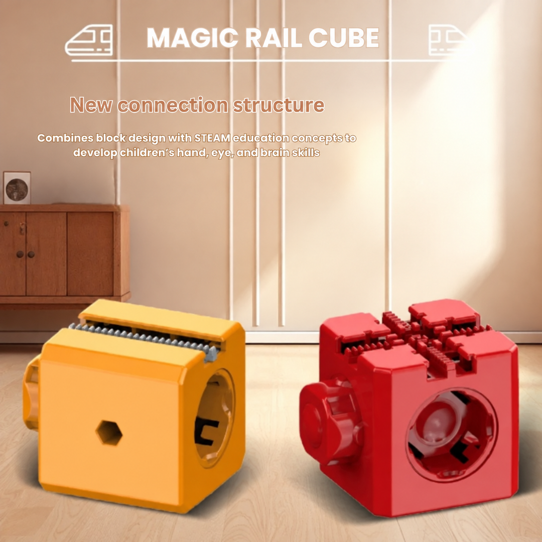 Yellow and red connecting track cubes with rails along the top.