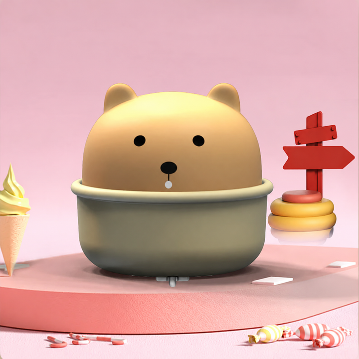 Yellow animal toy car with an olive-colored cup-shaped base on a pink display