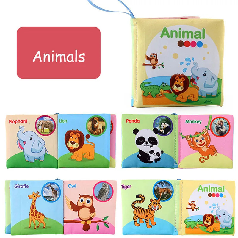 Animal fabric book with a yellow cover and elephant, lion, panda, monkey, giraffe, and owl pages.