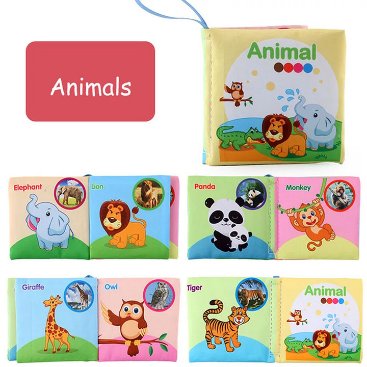 Animal fabric book with a yellow cover and elephant, lion, panda, monkey, giraffe, and owl pages.