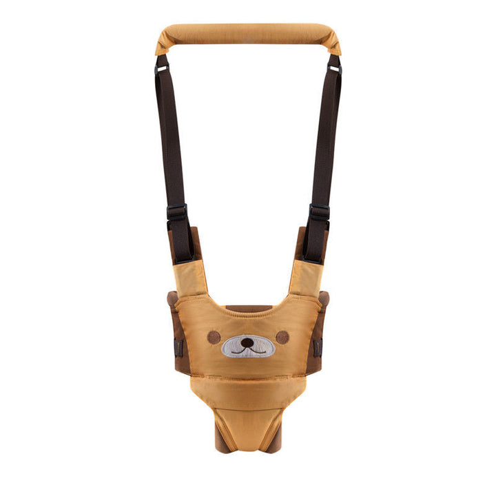 Yellow walking harness with an animal face, brown straps, and a padded handle