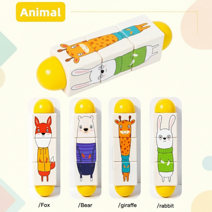 Yellow-ended animal puzzle with fox, bear, giraffe, and rabbit picture options