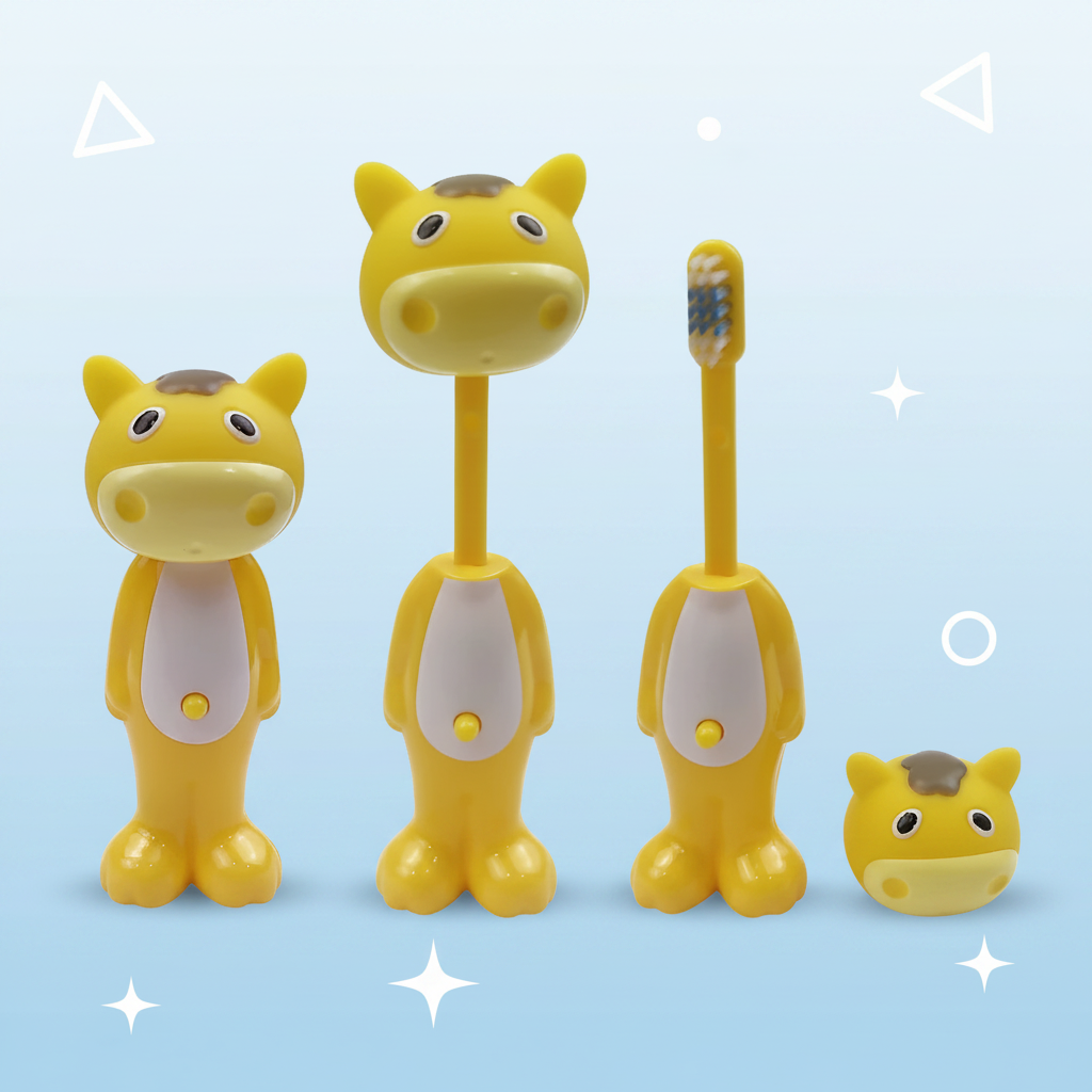 Yellow animal toothbrush shown retracted, extended and with its character cover removed