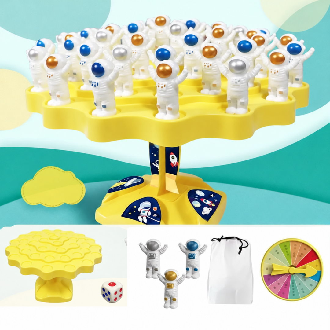 Yellow astronaut balance tree with figures, a die, a spinner, and a storage bag