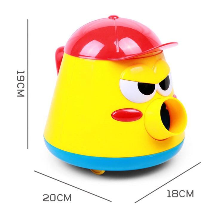 Yellow ball launcher with a red cap and labeled measurements