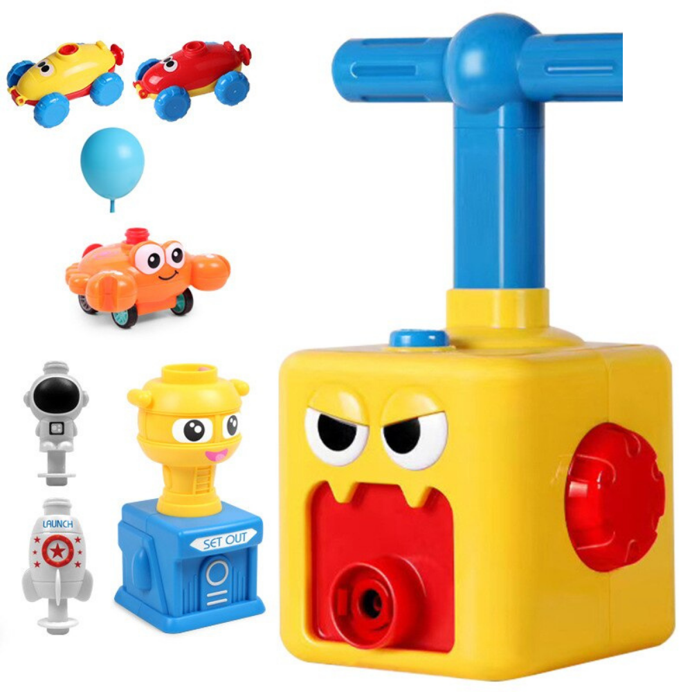 Yellow balloon-car pump with a blue handle, colorful cars and balloon-play accessories