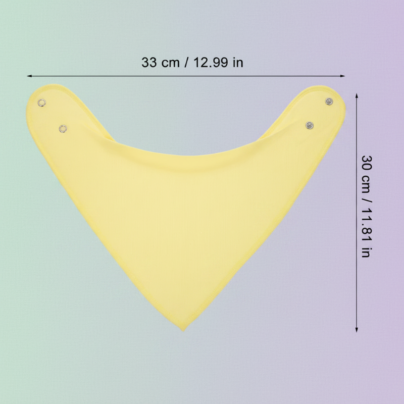 Yellow bandana bib laid flat with measurements of 33 cm across and 30 cm from top to tip