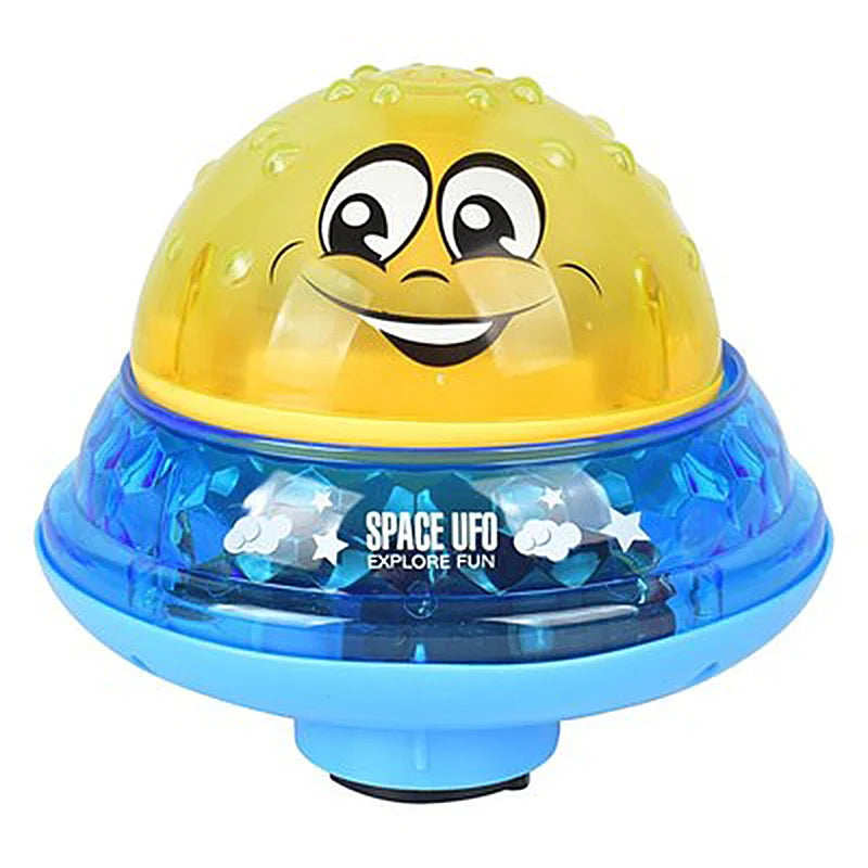 Yellow smiling bath ball shown on a blue saucer-shaped base