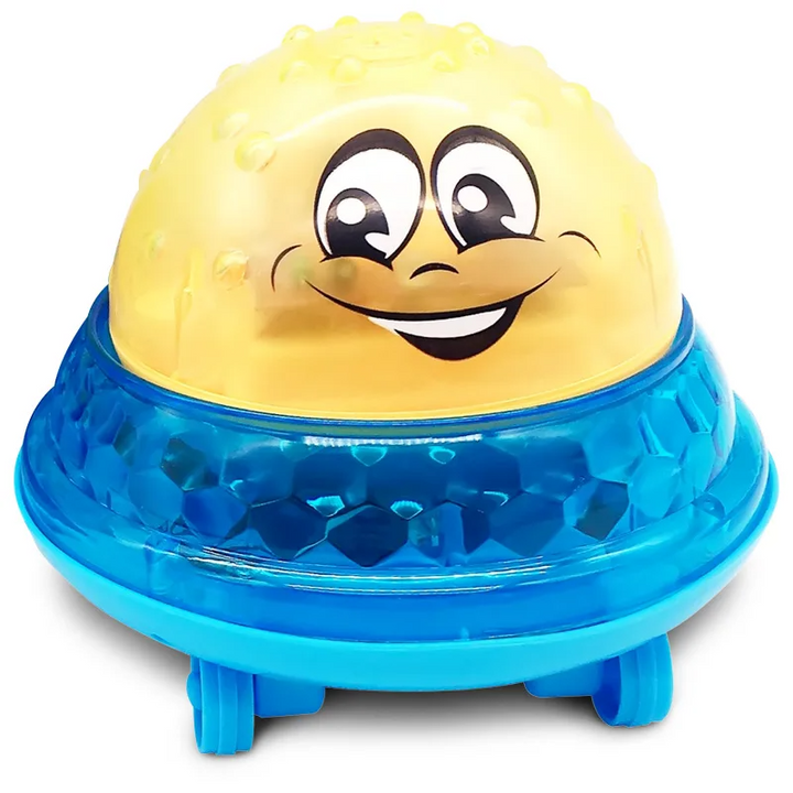 Yellow smiling bath ball seated on a blue wheeled base