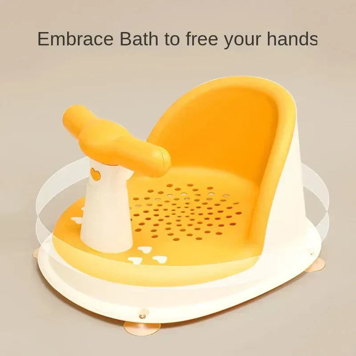 Yellow baby bath seat with a perforated seat, front bar and suction cups beneath the base