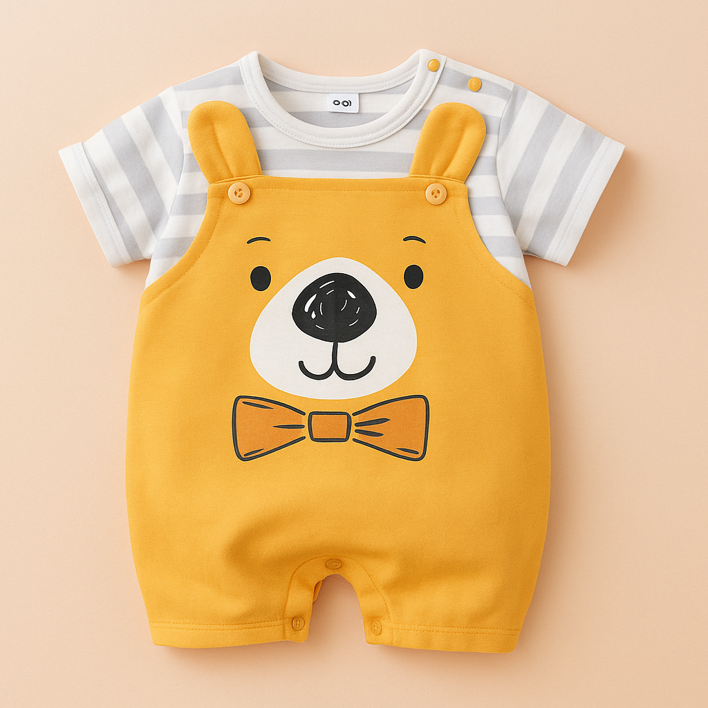 Yellow bear baby bodysuit laid flat with striped sleeves, shoulder buttons and crotch fastenings