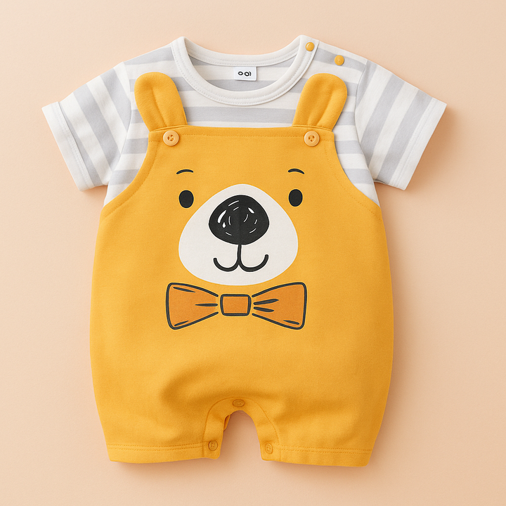 Yellow bear baby bodysuit laid flat with striped sleeves, shoulder buttons and crotch fastenings