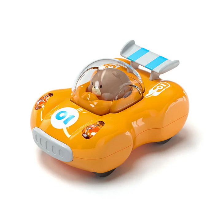 Yellow toy race car with bear driver, clear canopy and blue-striped rear spoiler