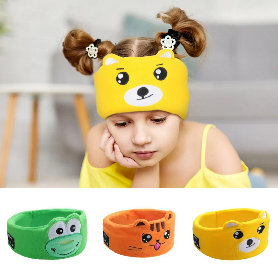 Child wearing a yellow bear mask as a headband, above dinosaur, tiger, and yellow bear styles.