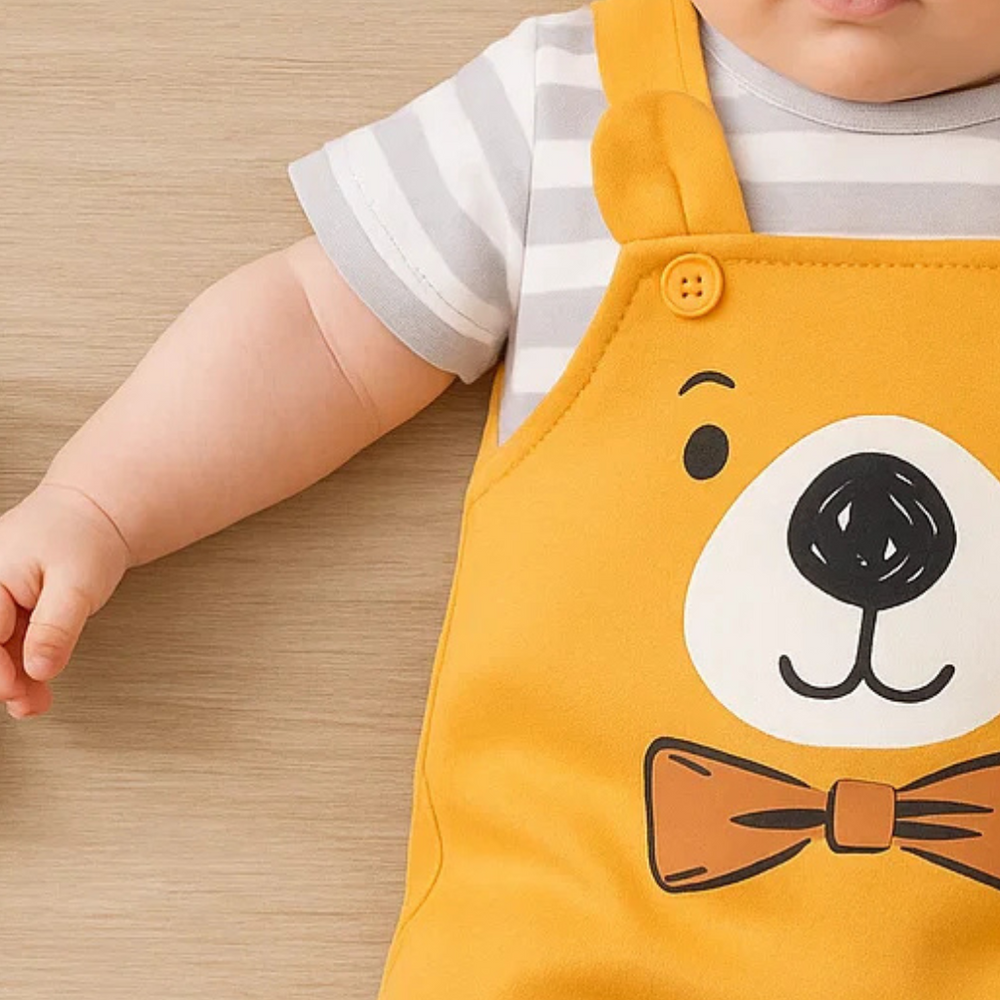 Close view of a yellow bear romper with a strap button and gray-and-white striped sleeve